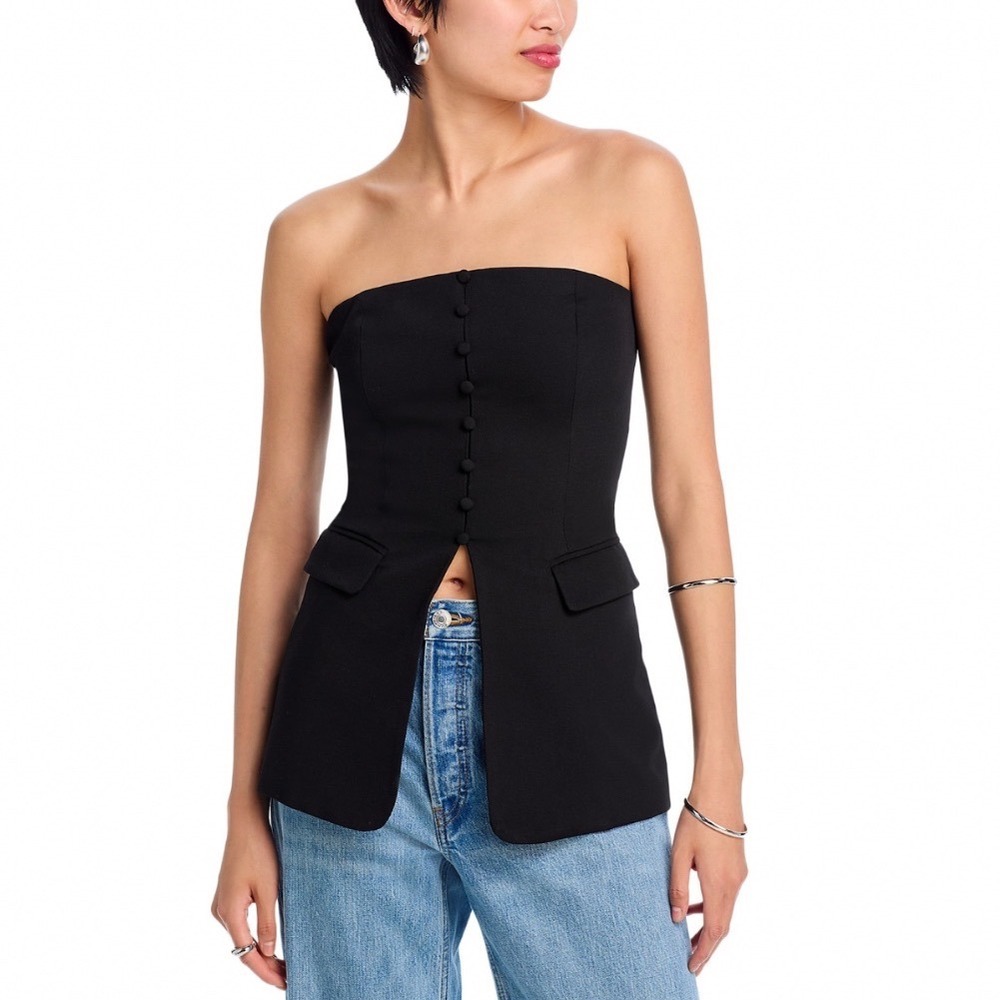FORE Black Strapless Top Slim Fit Button Front‎ Slit Faux Pocket XS TI5003BL